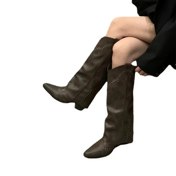 Обувки Дамски 2023 Висококачествени дамски ботуши Модни парти ботуши с нитове Дамски секси ботуши с остри пръсти Високи до коляното Zapatos