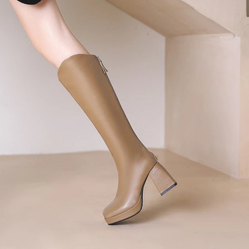 Обувки за жени Зимни дамски ботуши за 2023 г. Модни бежови дълги ботуши с квадратни пръсти Ботуши с платформа Високи ботуши до коляното Удобни ботуши на висок ток