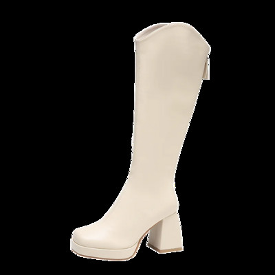 Γυναικεία παπούτσια 2023 Χειμερινές γυναικείες μπότες μόδας Τετράγωνο μπεζ Μπεζ μακριές μπότες Πλατφόρμα ψηλά μπότες γόνατο Άνετες ψηλοτάκουνες μπότες