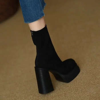 Γυναικεία παπούτσια 2023 Μόδα Χειμώνας Γυναικείες μπότες Mid-Calf Μονόχρωμο Flock Ψηλά τακούνια Αδιάβροχο φερμουάρ Χοντρό τακούνι Γυναικεία παπούτσια
