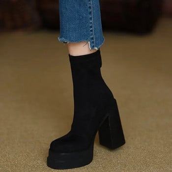 Обувки за жени 2023 Модни зимни дамски ботуши до средата на прасеца Едноцветен флок Високи токчета Водоустойчиви цип Обувки с масивен ток Дамски