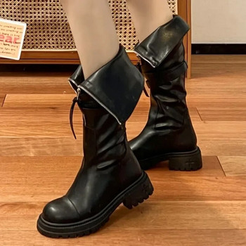 2023 Γυναικεία παπούτσια υψηλής ποιότητας Γυναικείες μπότες με φερμουάρ Χειμερινές στρογγυλές μπότες με μασίφ ψηλό βαρέλι με χοντρό τακούνι Zapatos Mujer