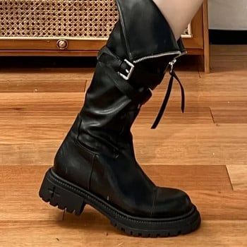 2023 г. Висококачествени дамски обувки с цип Дамски ботуши Зимни кръгли пръсти Плътен висок барел Модни ботуши на дебел ток Zapatos Mujer