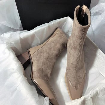 2023 Νέα μυτερά γυναικεία μποτάκια μόδας τετράγωνα ψηλά τακούνια Κομψή μόδα Γυναικείες κοντές μπότες Comfort Casual γυναικείες μπότες
