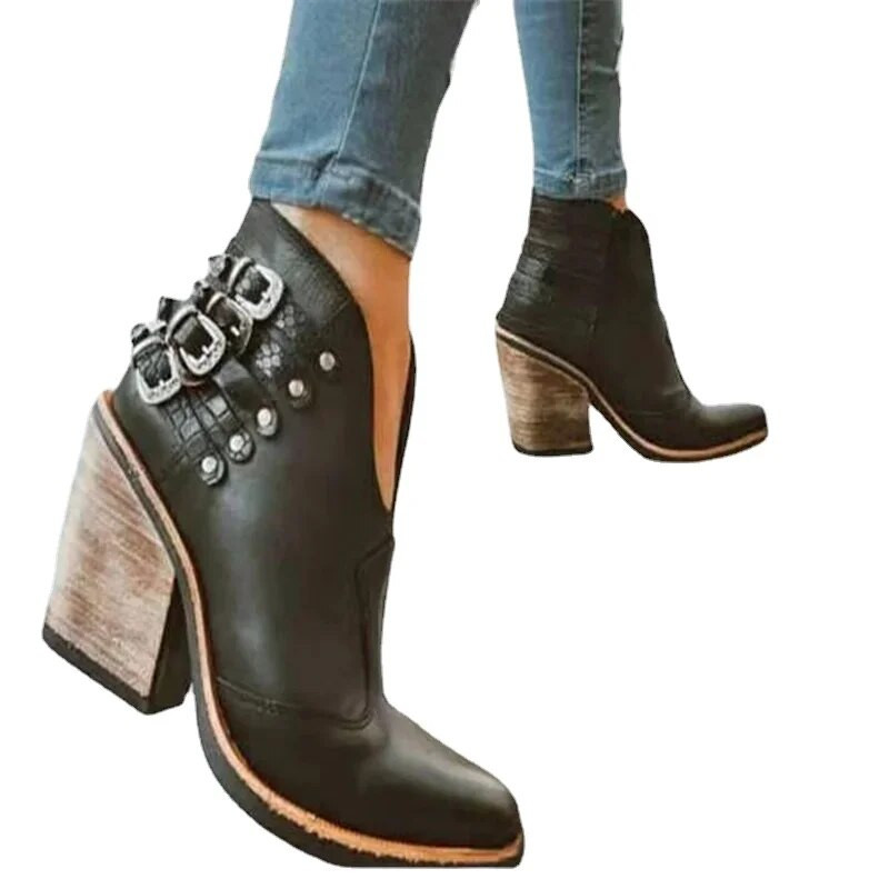 Botas Mujer 2022 Naiste sügistalvised PU-nahast kauboi poolsaapad, pandlaga, kõrge kontsaga saapad, naiste punkrisaapad