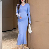 Grūtnieču trikotāžas kleitas ar V kakla izgriezumu, 2023. gada jauns rudens apģērbs grūtniecēm, zivs aste, gara kleita, mode, grūtniecība, slaida kleita