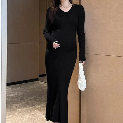 Grūtnieču trikotāžas kleitas ar V kakla izgriezumu, 2023. gada jauns rudens apģērbs grūtniecēm, zivs aste, gara kleita, mode, grūtniecība, slaida kleita