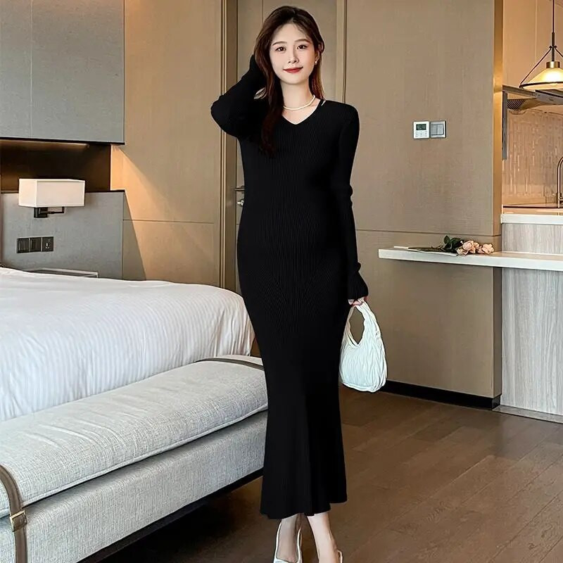 Grūtnieču trikotāžas kleitas ar V kakla izgriezumu, 2023. gada jauns rudens apģērbs grūtniecēm, zivs aste, gara kleita, mode, grūtniecība, slaida kleita