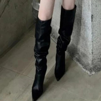 Дамски високи ботуши на тънък ток с бръчки, високи до коляното 2023, нови дамски обувки на ток, секси парти дамски високи ботуши