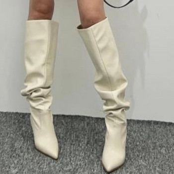 Дамски високи ботуши на тънък ток с бръчки, високи до коляното 2023, нови дамски обувки на ток, секси парти дамски високи ботуши