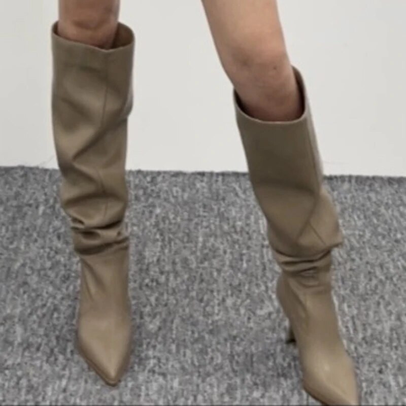 Γυναικείες μπότες με λεπτή φτέρνα γόνατο με ρυτίδες 2023 φθινόπωρο Νέα γυναικεία παπούτσια με τακούνι Sexy Party Γυναικείες ψηλές μπότες για τους μηρούς
