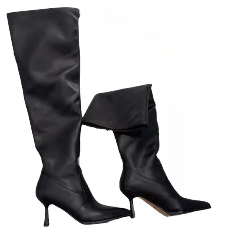 Γυναικείες μπότες με λεπτή φτέρνα γόνατο με ρυτίδες 2023 φθινόπωρο Νέα γυναικεία παπούτσια με τακούνι Sexy Party Γυναικείες ψηλές μπότες για τους μηρούς