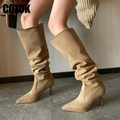 2023 Νέες πλισέ ψηλές μπότες γόνατο για γυναίκες Φθινοπωρινό Flock Μόδα ψηλά τακούνια με μυτερές μπότες σε γυναικεία παπούτσια Western