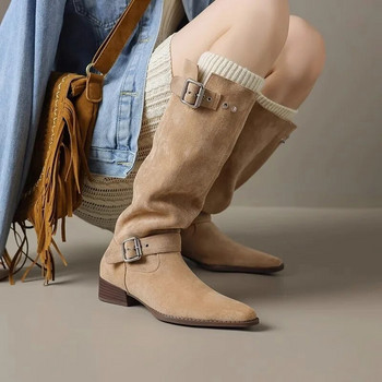 Γυναικεία παπούτσια 2023 Hot Sale Γυναικείες μπότες με μέση γάμπα ρετρό μοντέρνες μπότες γυναικείες ζώνη πόρπη με ολισθηρό μυτερό δάχτυλο με χαμηλό τακούνι Γυναικεία παπούτσια