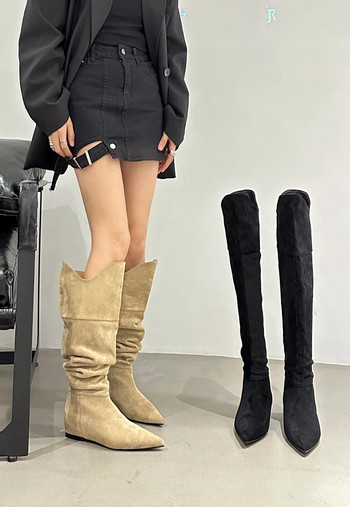 Γυναικείες μπότες ψηλά στο γόνατο με μυτερή μύτη Flock Μπότες Chelsea Flat χαμηλά τακούνια Μαύρα μπεζ μποτάκια χειμερινού πάρτι Western Boots Woman 35-39
