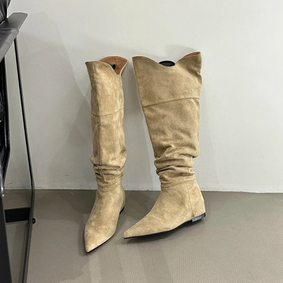 Terava varbaga naiste põlvega kõrged saapad Flock Chelsea saapad Lamedad madalad kontsad Must beež talvepeo papud Lääne saapad, naine 35-39