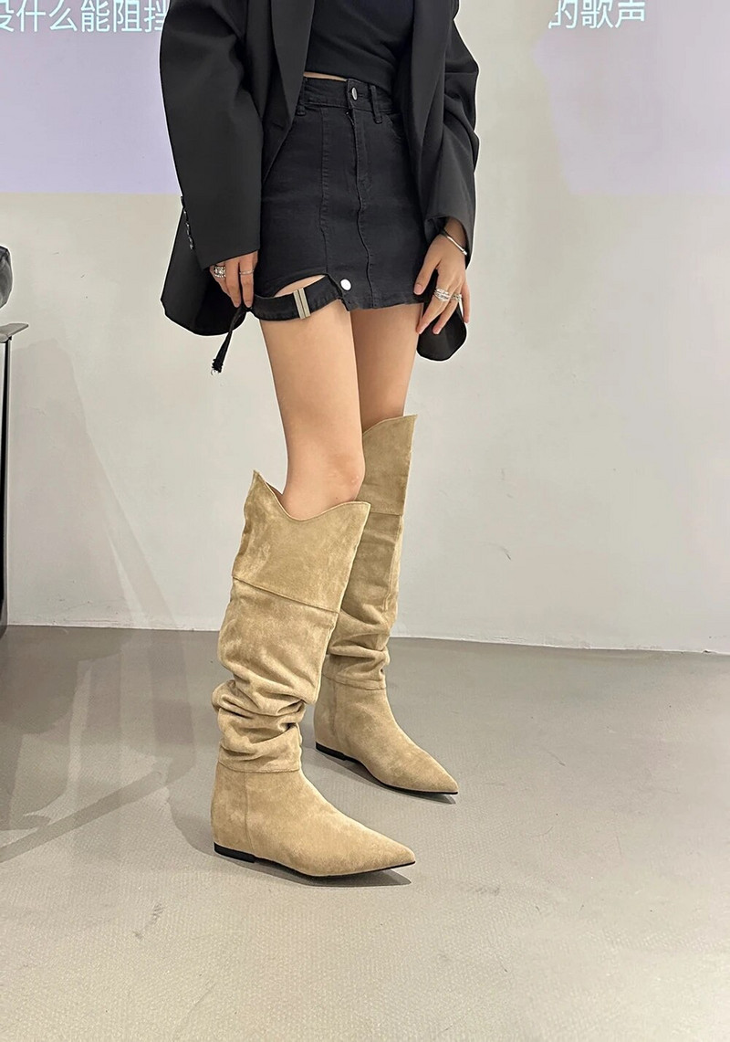 Terava varbaga naiste põlvega kõrged saapad Flock Chelsea saapad Lamedad madalad kontsad Must beež talvepeo papud Lääne saapad, naine 35-39