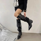 Γυναικείες μπότες ψηλά στο γόνατο με μυτερές μύτες Χειμερινές φθινοπωρινές μπότες ιππότης Flat Mid Heeled Μαύρες Λευκές Καφέ Γυναικείες μπότες για πάρτι