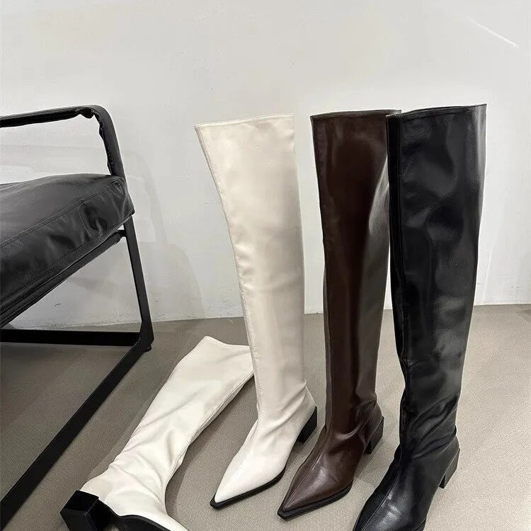 Γυναικείες μπότες ψηλά στο γόνατο με μυτερές μύτες Χειμερινές φθινοπωρινές μπότες ιππότης Flat Mid Heeled Μαύρες Λευκές Καφέ Γυναικείες μπότες για πάρτι