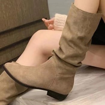2023 Γυναικείες ψηλές μπότες με γόνατο Lady Slip σε απλή πλισέ σουέτ Winter Botas Μεγάλη περιφέρεια Άνοιξη Φθινόπωρο Γυναικείες Stretch μπότες