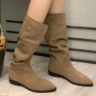 2023 m. moteriški batai su aukštais keliais. Moteriški batai su paprastais klostuotais zomšiniais žieminiais botas dideliais perimetru, pavasario rudens, moteriški įtempti batai