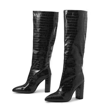 2023 Χονδρές μπότες με μυτερές μύτες πάνω από το γόνατο Ψηλοτάκουνες μπότες με μοτίβο λίτσι Μπότες μόδας πασαρέλας Botas Altas Mujer