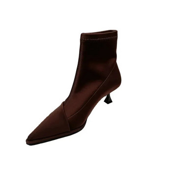 2023 Есенна мода Елегантни дамски високи токчета Нови сатенени къси ботуши с остри пръсти Дамски ботуши с еластични чорапи с тънък ток Дамски обувки