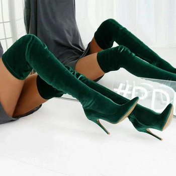 Дамски 43 голям размер секси ботуши с остри пръсти Зимни модни велурени висок ток Едноцветни дамски обувки Високи ботуши над коляното