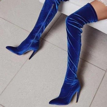 Дамски 43 голям размер секси ботуши с остри пръсти Зимни модни велурени висок ток Едноцветни дамски обувки Високи ботуши над коляното