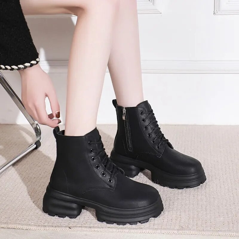 Ženske cipele 2023. Nove osnovne gležnjače Ženske čizme Platforma Moderne čizme Ženske cipele na vezanje s okruglim prstima i bočnim patentnim zatvaračem na četvrtastu petu Ženske