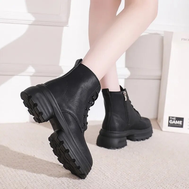 Ženske cipele 2023. Nove osnovne gležnjače Ženske čizme Platforma Moderne čizme Ženske cipele na vezanje s okruglim prstima i bočnim patentnim zatvaračem na četvrtastu petu Ženske