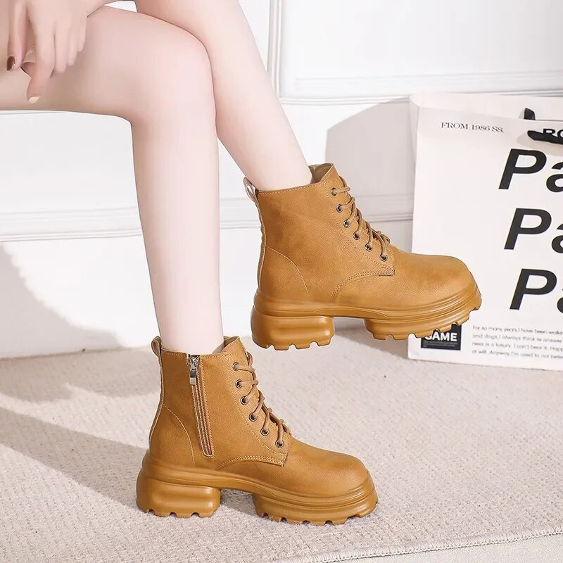 Ženske cipele 2023. Nove osnovne gležnjače Ženske čizme Platforma Moderne čizme Ženske cipele na vezanje s okruglim prstima i bočnim patentnim zatvaračem na četvrtastu petu Ženske