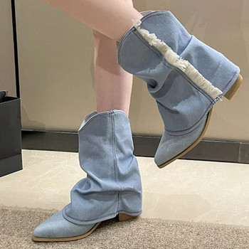 Есенни дамски обувки с масивен ток 2023 г. Нова мода от дънков плат Дамски западни каубойски ботуши Дамски ботуши с пръсти Дамски ботуши до средата на прасеца