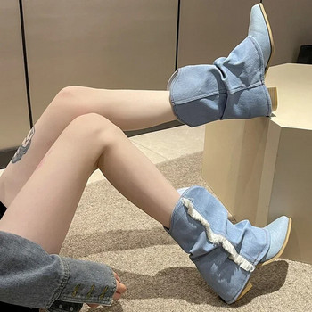 Φθινοπωρινά γυναικεία παπούτσια με χοντρό τακούνι 2023 Νέα μόδα γυναικεία ύφασμα τζιν Γυναικείες δυτικές μπότες καουμπόικες γυναικείες μπότες μεσαίας γάμπας