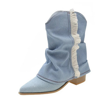 Есенни дамски обувки с масивен ток 2023 г. Нова мода от дънков плат Дамски западни каубойски ботуши Дамски ботуши с пръсти Дамски ботуши до средата на прасеца