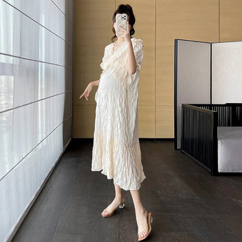 Рокля за бременни за бременни жени Рокли с мехурчета Нова мода 2023 г. Голям размер Свободни плътни рокли с V-образно деколте Дълга дамска рокля