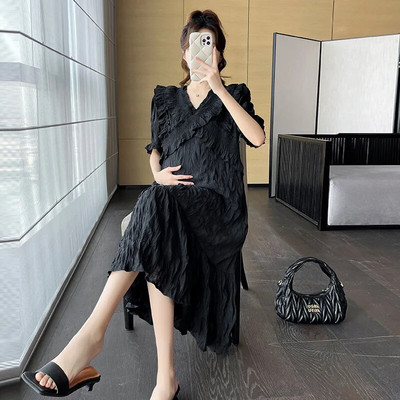 Nėščioms skirtos suknelės nėščiosioms, suknelės su rankovėmis, 2023 m. Naujos mados plius dydžio laisvos, vientisos V kaklo suknelės, ilga moteriška suknelė