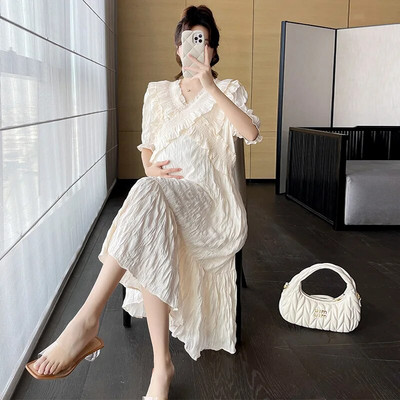 Nėščioms skirtos suknelės nėščiosioms, suknelės su rankovėmis, 2023 m. Naujos mados plius dydžio laisvos, vientisos V kaklo suknelės, ilga moteriška suknelė