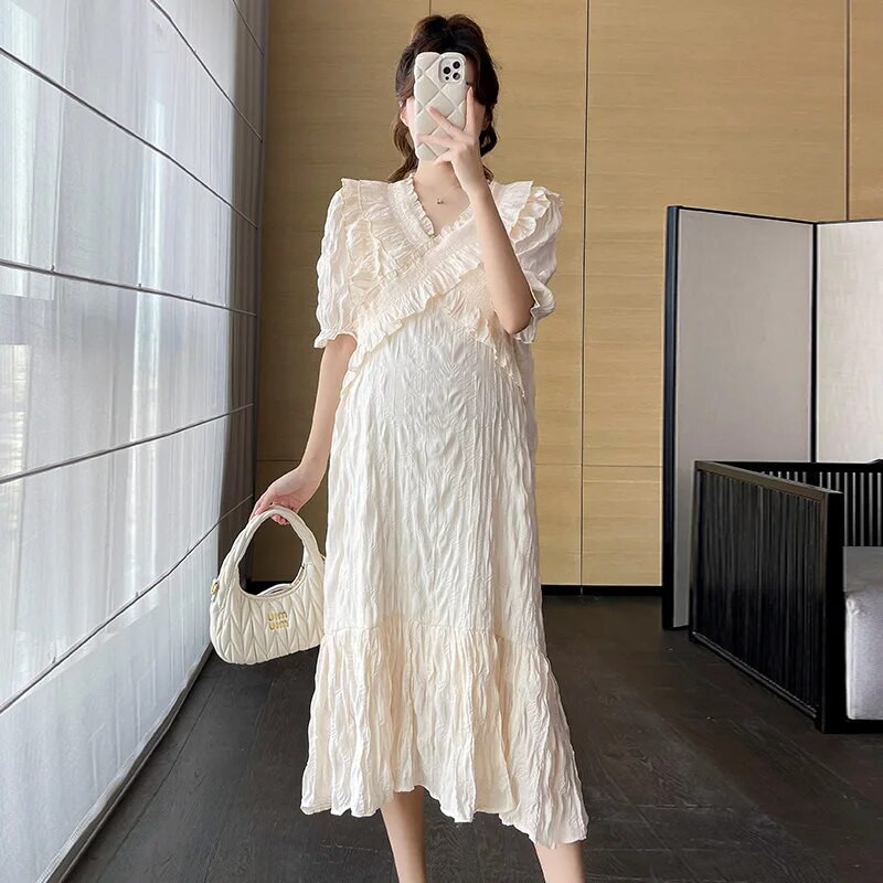 Nėščioms skirtos suknelės nėščiosioms, suknelės su rankovėmis, 2023 m. Naujos mados plius dydžio laisvos, vientisos V kaklo suknelės, ilga moteriška suknelė