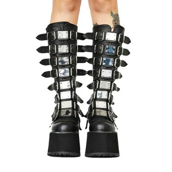 Нови дамски модни метални готически ботуши на платформа, пънк косплей клинове на високи токчета Дамски високи ботуши до коляното Stree Shoes Woman