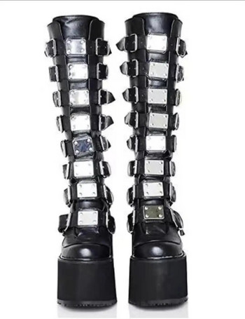 Нови дамски модни метални готически ботуши на платформа, пънк косплей клинове на високи токчета Дамски високи ботуши до коляното Stree Shoes Woman