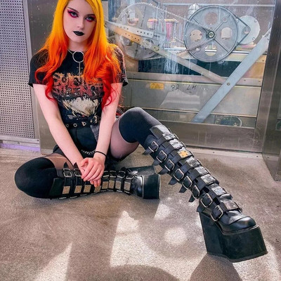 Nouă moda feminină, cizme cu platformă, metal, gotice, punk, cosplay, pane, tocuri înalte pentru femei, cizme până la genunchi, pantofi Stree pentru femei