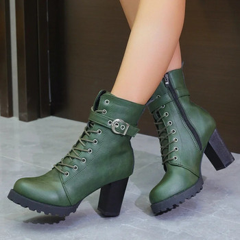 Πράσινες μεγάλου μεγέθους Χειμερινές γυναικείες μπότες 2023 Νέες μπότες αλόγου Μπότες ποδηλασίας Χονδρές λαστιχένιες μπότες με ψηλό τακούνι γόβες πλατφόρμας