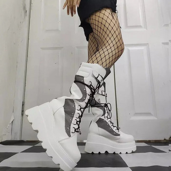 2022 Φθινοπωρινές χειμερινές γυναικείες μπότες Punk Halloween Witch Cosplay Πλατφόρμα Ψηλές σφήνες Γόβες Μαύρες γοτθικές μπότες Γυναικεία παπούτσια μεγάλου μεγέθους
