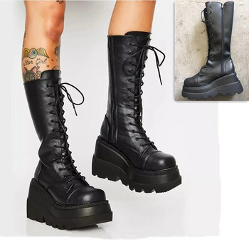 Punk γυναικείες μπότες πλατφόρμας Ελαστικές μικροΐνες με χοντρό τακούνι Γυναικείες μπότες 2023 Άνοιξη φθινόπωρο, επώνυμα μαύρα γυναικεία παπούτσια Goth