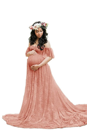 Δαντελένια φορέματα εγκυμοσύνης Φωτογράφιση για έγκυες γυναίκες Φόρεμα ντους μωρού Sweep Train Maxi Gown Φόρεμα εγκυμοσύνης στηρίγματα φωτογραφίας