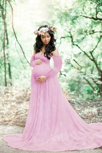 Δαντελένια φορέματα εγκυμοσύνης Φωτογράφιση για έγκυες γυναίκες Φόρεμα ντους μωρού Sweep Train Maxi Gown Φόρεμα εγκυμοσύνης στηρίγματα φωτογραφίας