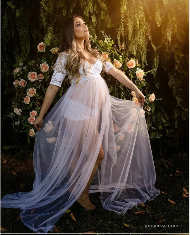 Δαντελένια φορέματα εγκυμοσύνης Φωτογράφιση για έγκυες γυναίκες Φόρεμα ντους μωρού Sweep Train Maxi Gown Φόρεμα εγκυμοσύνης στηρίγματα φωτογραφίας