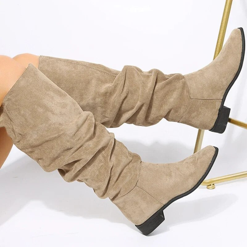 Moteriški aukšti batai su raukšlėmis iki kelių rudeniniai Nauji plius dydžio Flock stori aukštakulniai aukštakulniai aukštakulniai, skirti moteriški laisvalaikio moteriški batai