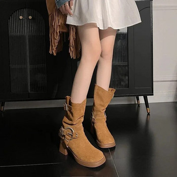 Φθινοπωρινά Γυναικεία Παπούτσια Πλατφόρμας 2023 Νέα Μόδα με πόρπη Nubuck Χοντρό τακούνι Mid Calf Μπότες για Γυναικείες Vintage Western Cowboy μπότες